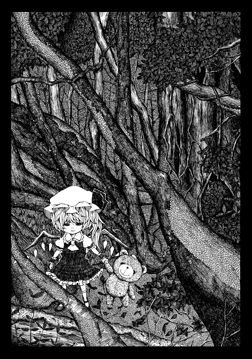 tamasaburou, flandre scarlet, touhou, highres, traditional media, 1girl, female focus, forest, greyscale, hat, monochrome, nature, outdoors, solo, stuffed animal, stuffed toy, teddy bear