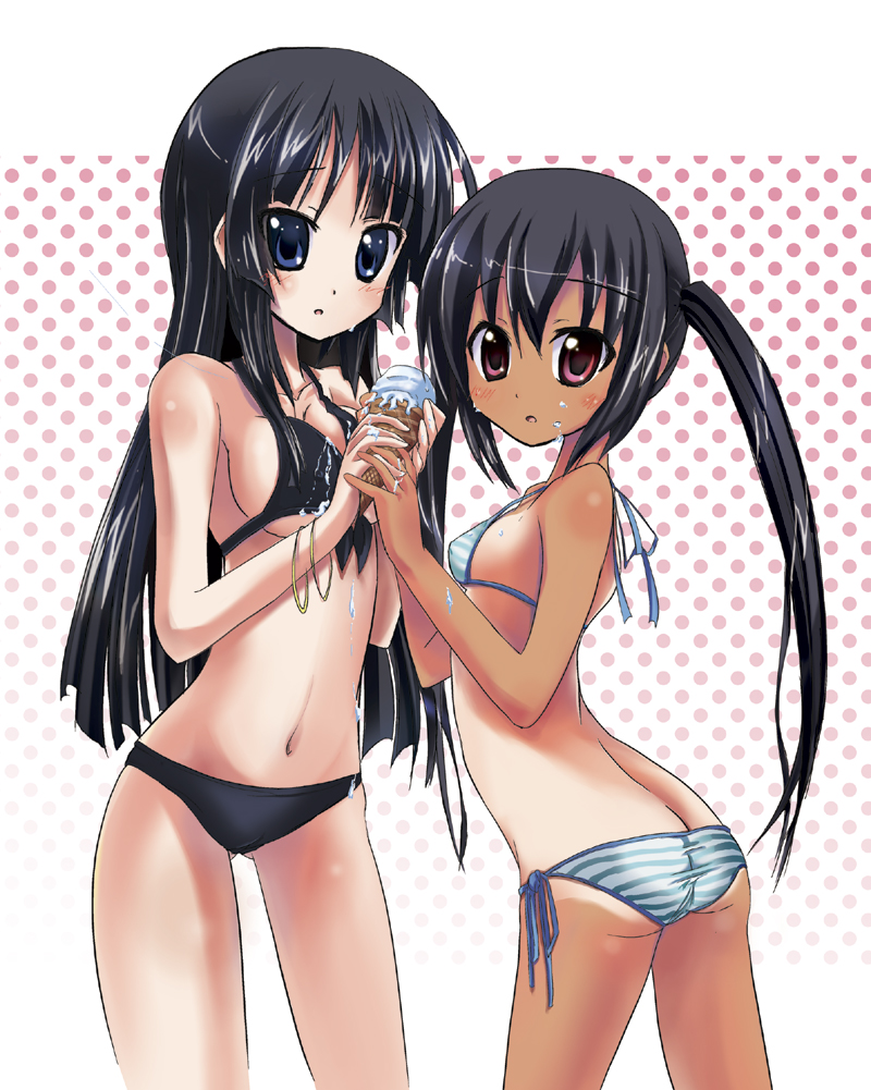 kurou (quadruple zero), akiyama mio, nakano azusa, k-on!, bad id, bad pixiv id, 00s, 2girls, ass, bikini, black hair, blue eyes, blunt bangs, butt crack, dripping, flat chest, food, hime cut, ice cream, long hair, multiple girls, one-piece tan, red eyes, side-tie bikini bottom, swimsuit, tan, tanline, twintails