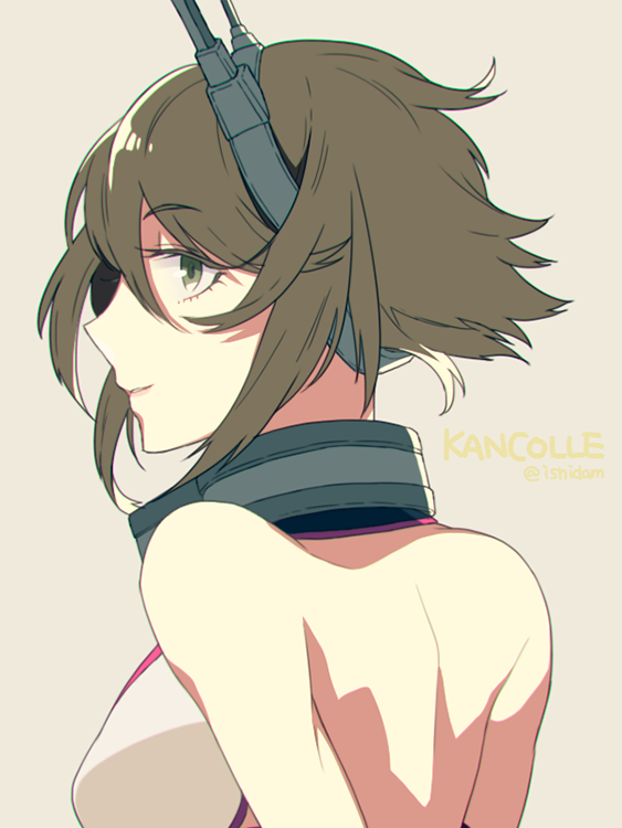 ishida shouji, mutsu (kancolle), kantai collection, bad id, commentary request, 1girl, arms behind back, back, bare shoulders, breasts, brown hair, copyright name, eyelashes, from side, green eyes, grey background, hair between eyes, headgear, large breasts, profile, short hair, sideboob, simple background, solo, twitter username, upper body