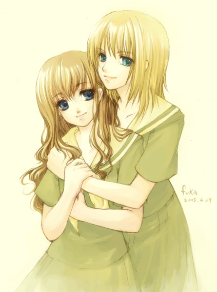 fuuka (fukasheu), satou sei, toudou shimako, maria-sama ga miteru, 00s, 2003, 2girls, blonde hair, blue eyes, brown hair, hand on another's chest, hand on own chest, holding another's wrist, hug, long hair, multiple girls, school uniform, serafuku, short hair, short sleeves, signature, simple background, smile, wavy hair