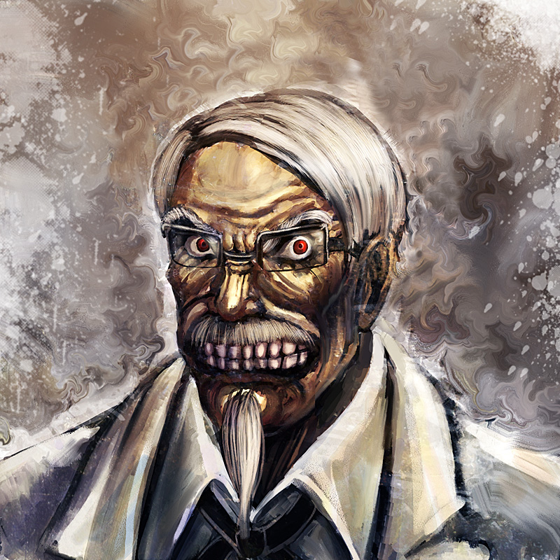 bccp, colonel sanders, mozgus (berserk), berserk, kfc, 1990s (style), 1boy, angry, beard, creepy, facial hair, glasses, horror (theme), male focus, mustache, portrait, red eyes, retro artstyle, solo, teeth, what, white hair