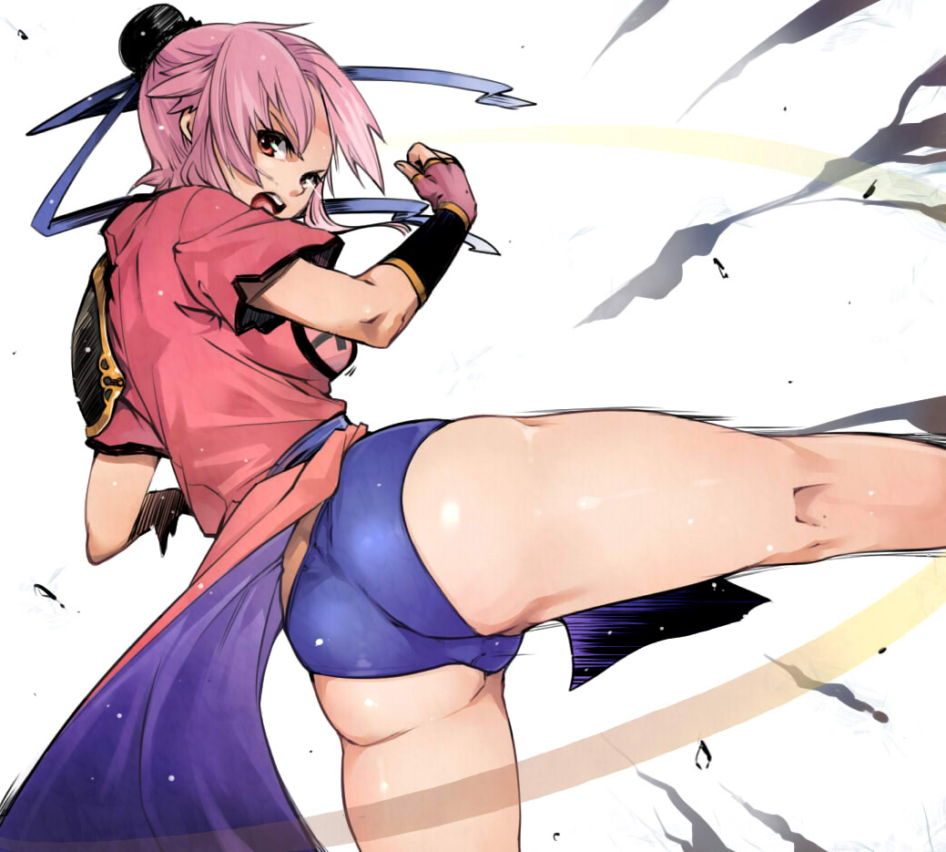 akinaie, maam, dragon quest, dragon quest dai no daibouken, bad id, bad pixiv id, 1girl, angry, ass, bun cover, china dress, chinese clothes, dress, female focus, fingerless gloves, from behind, gauntlets, gloves, high kick, kicking, open mouth, pink hair, red eyes, red hair, solo, spread legs