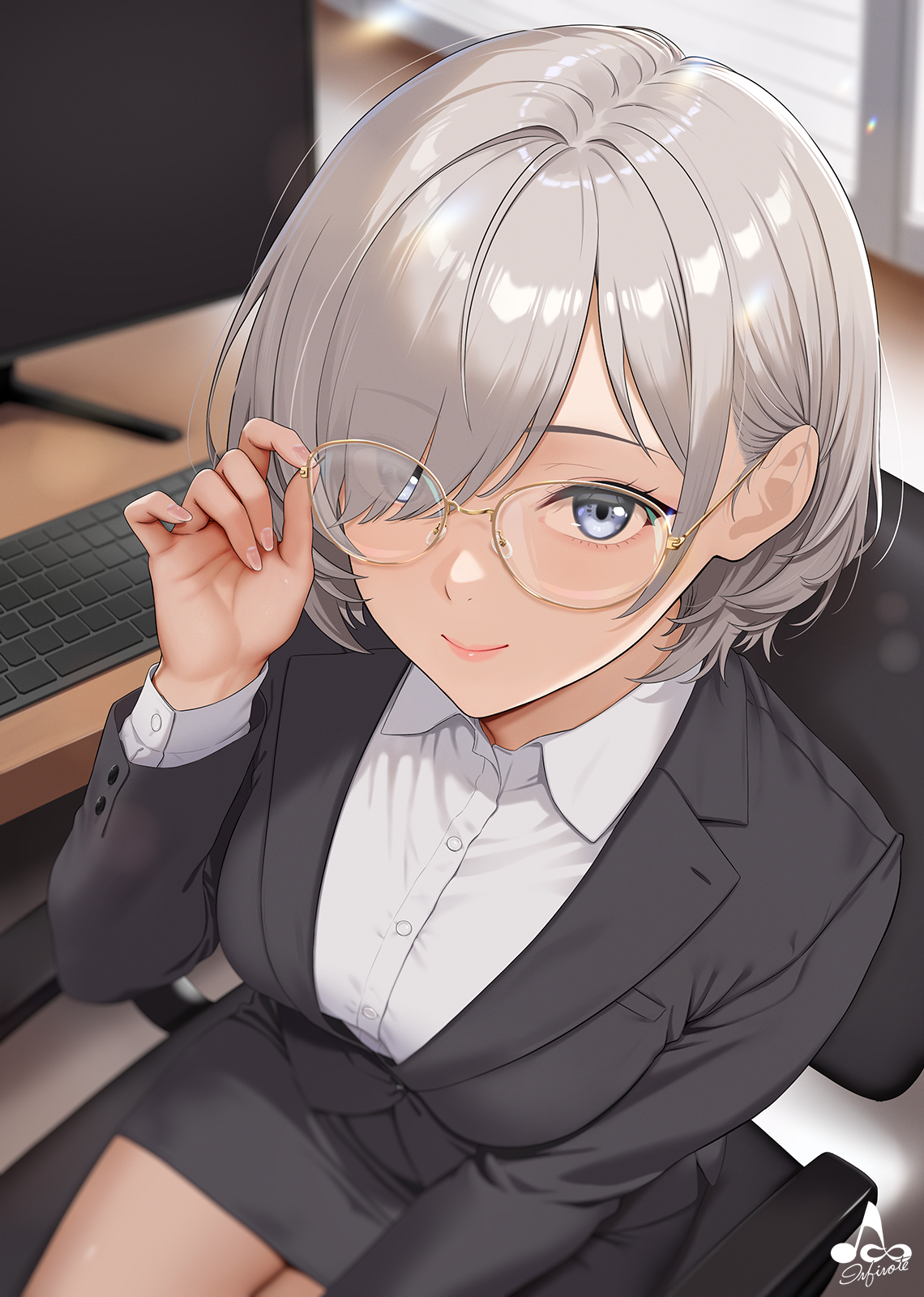 infinote, sashou mihiro (infinote), original, commentary request, highres, variant set, 1girl, adjusting eyewear, black jacke, black skirt, black suit, chair, collared shirt, computer keyboard, desk, formal clothes, glasses, grey hair, hair over one eye, hand up, indoors, long sleeves, monitor, office chair, on chair, pencil skirt, shirt, short hair, sitting, skirt, suit, swivel chair, thighs, white shirt