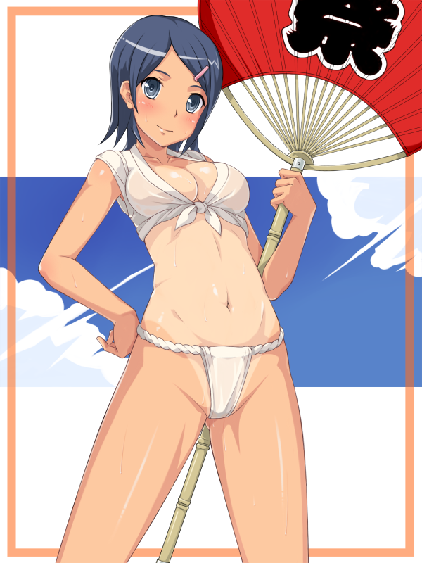 yokaze japan, original, framed, 1girl, armpit peek, black hair, blue eyes, blue hair, blush, breasts, cleavage, collarbone, female focus, fundoshi, hair ornament, hairclip, hand fan, hand on own hip, head tilt, hip focus, japanese clothes, looking at viewer, matching hair/eyes, medium breasts, midriff, mizu happi, navel, one-piece tan, oversized object, paper fan, see-through clothes, shiny skin, short hair, smile, solo, summer, sweat, tan, tanline, uchiwa, wet, wet clothes