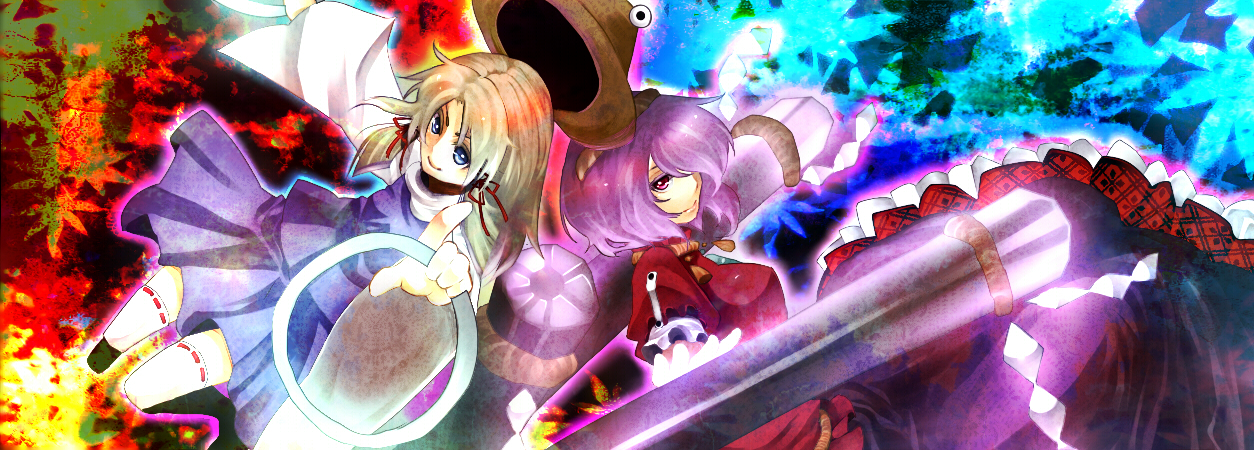 yutazou, moriya suwako, yasaka kanako, touhou, bad id, bad pixiv id, 2girls, blonde hair, chakram, female focus, hat, jewelry, moriya's iron rings, multiple girls, onbashira, purple hair, red eyes, ring, rope, short hair, weapon