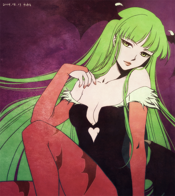 fuuka (fukasheu), morrigan aensland, capcom, darkstalkers, print legwear, 00s, 1girl, 2009, animal print, bare shoulders, bat print, bat wings, breasts, cleavage, demon girl, green hair, head wings, long hair, medium breasts, pantyhose, purple background, very long hair, wings, yellow eyes