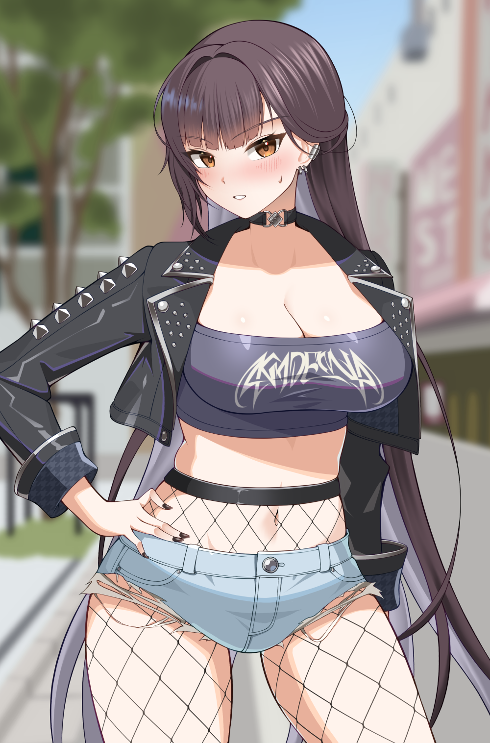murakumi883, marciana (nikke), goddess of victory: nikke, commentary request, highres, 1girl, alternate costume, black choker, black jacket, black tube top, blue sky, blunt bangs, blurry, blurry background, blush, breasts, brown eyes, brown hair, choker, cleavage, collarbone, cowboy shot, crop top, cropped jacket, cutoffs, day, denim, denim shorts, earclip, earrings, fishnet pantyhose, fishnets, groin, hand on own hip, houndstooth, jacket, jewelry, large breasts, leather, leather jacket, long hair, long sleeves, looking at viewer, micro shorts, midriff, navel, open clothes, open jacket, outdoors, pantyhose, parted lips, shorts, sidelocks, sky, solo, standing, strapless, sweat, tree, tube top, very long hair