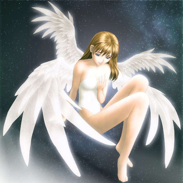 satou kazuyoshi, original, 1girl, angel wings, barefoot, blue eyes, brown hair, feet, female focus, leotard, solo, space, wings
