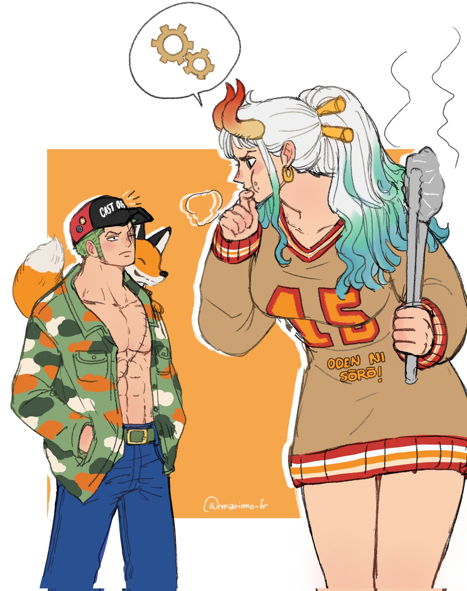 roronoa zoro, yamato (one piece), one piece, commentary, english commentary, highres, 1boy, 1girl, abs, animal, animal on shoulder, baseball cap, belt, belt buckle, blue hair, blue pants, brown sweater, buckle, closed mouth, collarbone, earrings, feet out of frame, food, food on face, green hair, hair ornament, hands in pockets, hat, height difference, high ponytail, holding, horns, jacket, jewelry, long hair, long sleeves, looking at another, marimo fr, multicolored hair, notice lines, one eye closed, open clothes, open jacket, pants, pectorals, ponytail, scar, scar across eye, scar on chest, scar on face, short hair, sweater, thinking, white hair