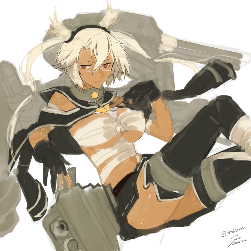 ishida shouji, musashi (kancolle), kantai collection, bad id, commentary request, 1girl, bandaged leg, bandages, black gloves, black skirt, black thighhighs, breasts, budget sarashi, chest sarashi, closed mouth, dark-skinned female, dark skin, dated, glasses, gloves, headgear, large breasts, long hair, miniskirt, partially fingerless gloves, pleated skirt, rigging, sarashi, simple background, sketch, skirt, solo, thighhighs, twitter username, white background, white hair