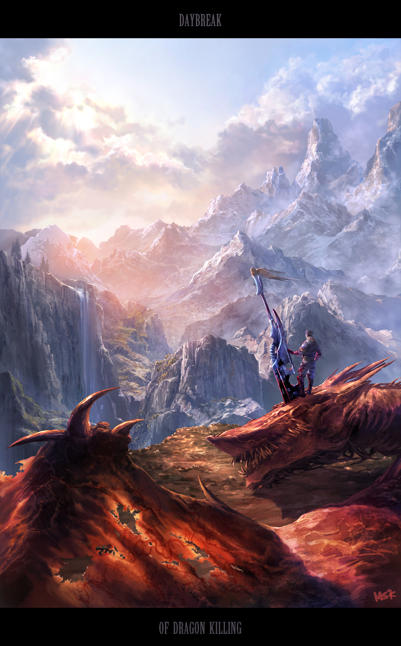 mstk, original, bad id, bad pixiv id, highres, 1boy, blood, death, dragon, english text, fantasy, grand scale, landscape, letterboxed, male focus, mountain, scenery, solo, sunrise, sword, water, waterfall, weapon, wings