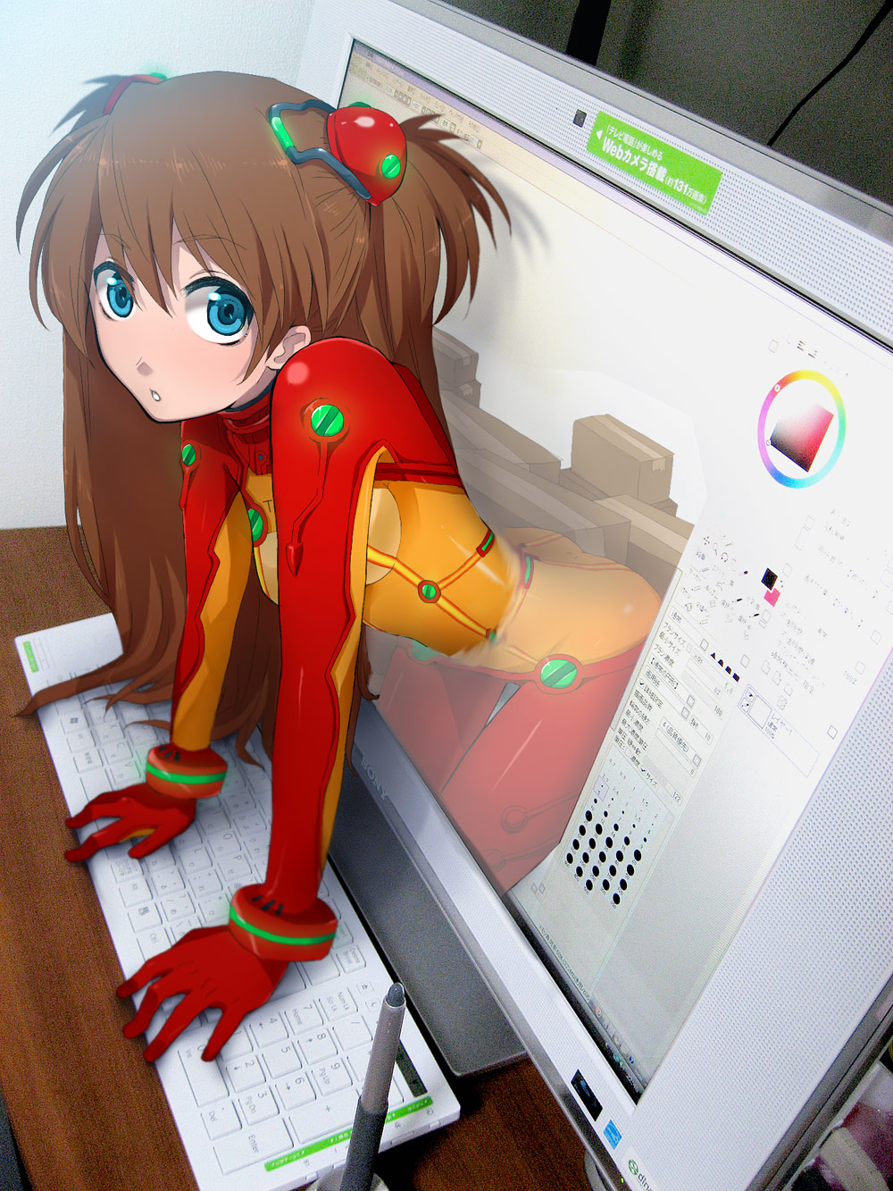 hattori masaki, souryuu asuka langley, neon genesis evangelion, painttool sai, rebuild of evangelion, sony, highres, 00s, 1girl, :o, arm support, ass, blue eyes, bodysuit, box, brown hair, cardboard box, computer, computer keyboard, female focus, mecha pilot suit, monitor, plugsuit (evangelion), solo, stylus, test plugsuit (evangelion), through medium, through screen