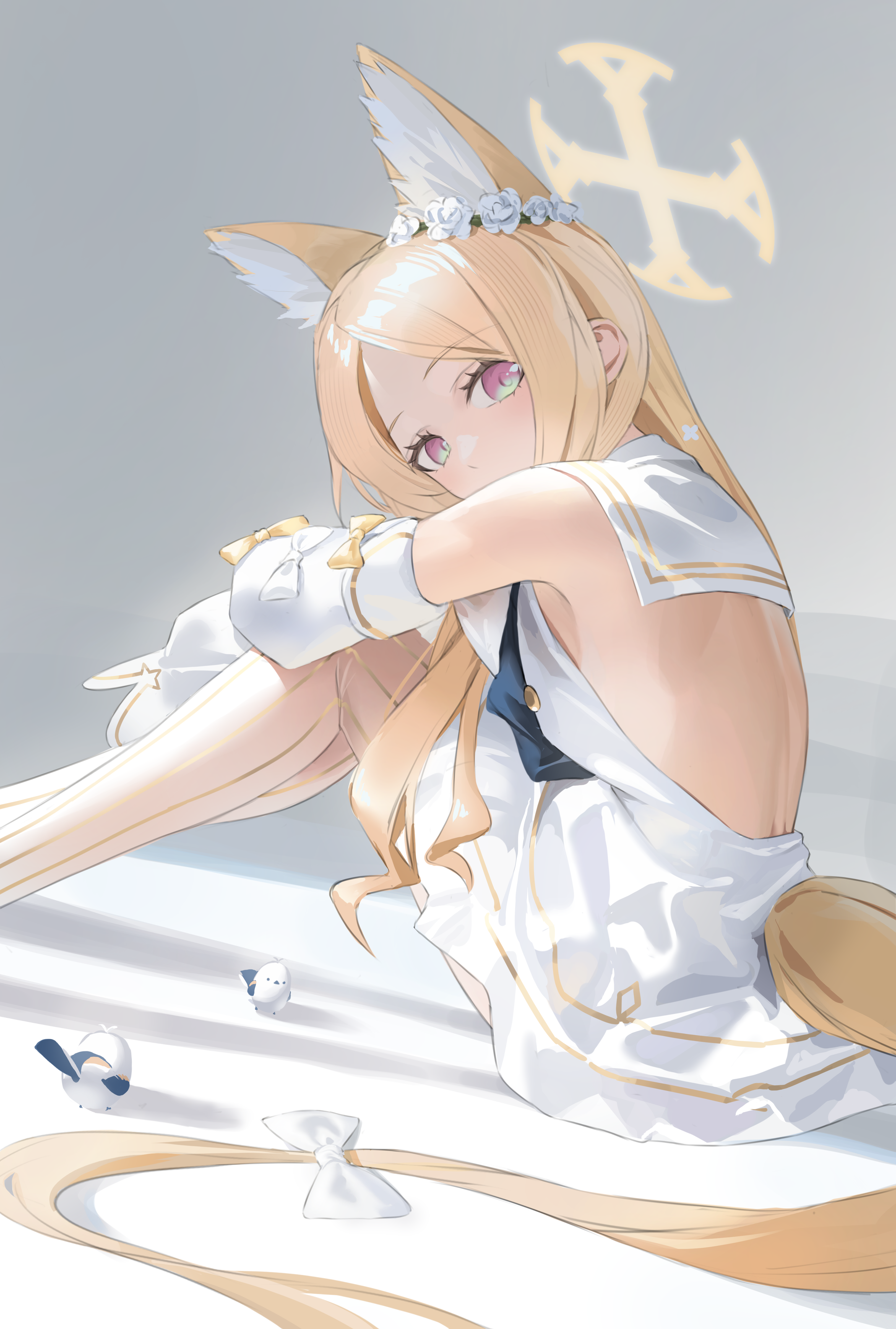 shortofsugar, seia (blue archive), blue archive, absurdres, commentary, english commentary, highres, 1girl, animal ear fluff, animal ears, backless dress, backless outfit, bird, blonde hair, bow, detached sleeves, dress, feet out of frame, fox ears, fox girl, fox tail, halo, knees up, looking at viewer, looking to the side, pantyhose, sitting, solo, striped clothes, striped pantyhose, tail, tail bow, tail ornament, vertical-striped clothes, vertical-striped pantyhose, white bow, white dress