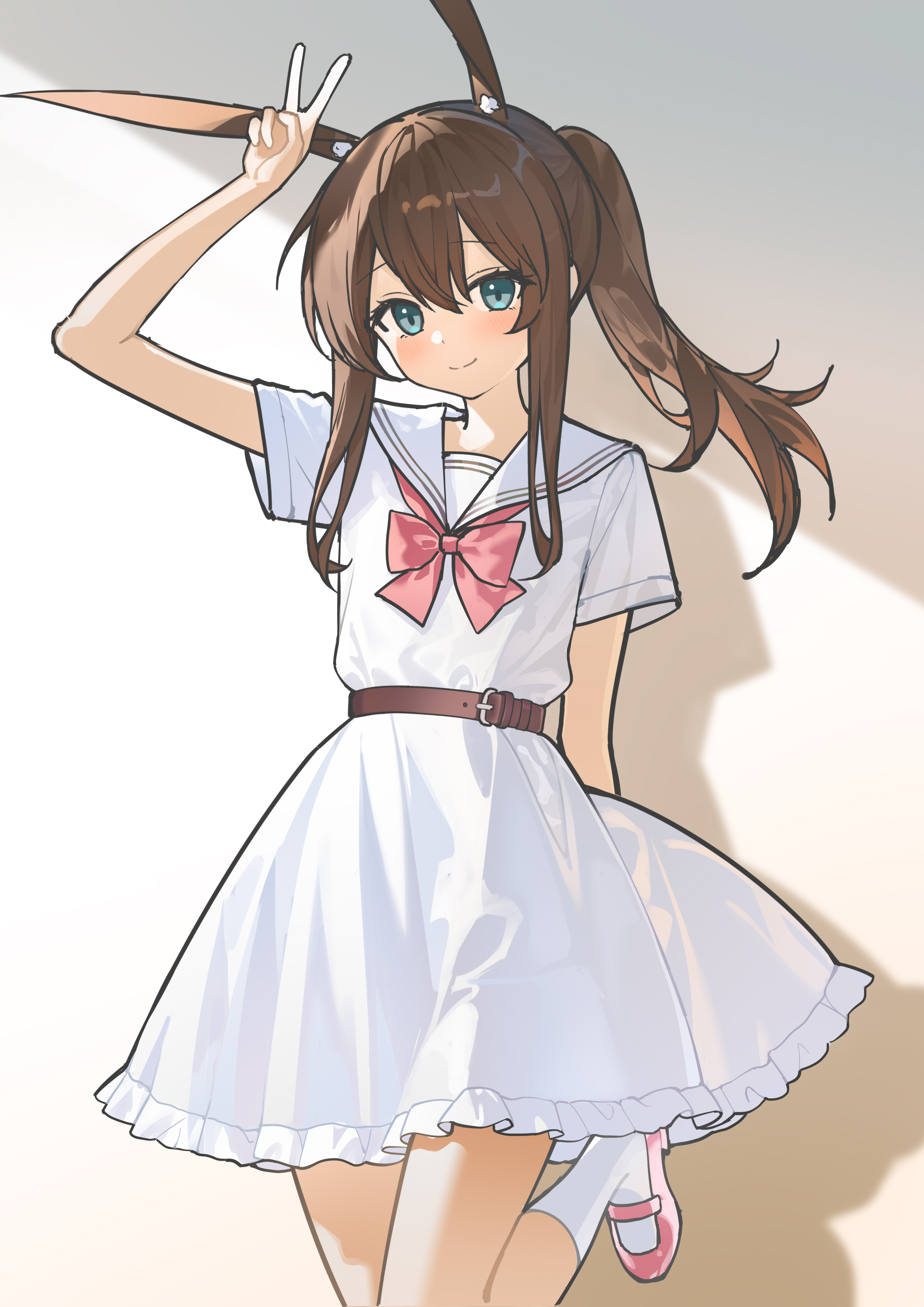nagisa (cxcx5235), amiya (arknights), arknights, absurdres, chinese commentary, commentary request, highres, 1girl, animal ear fluff, animal ears, arm up, blue eyes, blush, bow, bowtie, brown hair, closed mouth, cowboy shot, double-parted bangs, dress, frilled dress, frills, hair between eyes, long hair, looking at viewer, pink shoes, ponytail, rabbit ears, rabbit girl, red bow, red bowtie, sailor dress, shoes, short sleeves, smile, socks, solo, v, white dress, white socks