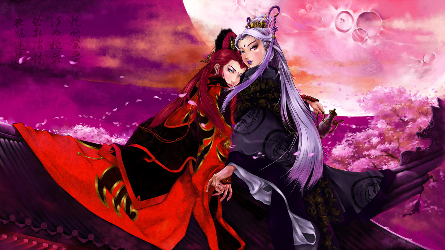 pandaz, aqua eyes, chinese clothes, dress, hair ornament, lips, lipstick, makeup, moon, petals, purple eyes, purple hair, red hair, tree