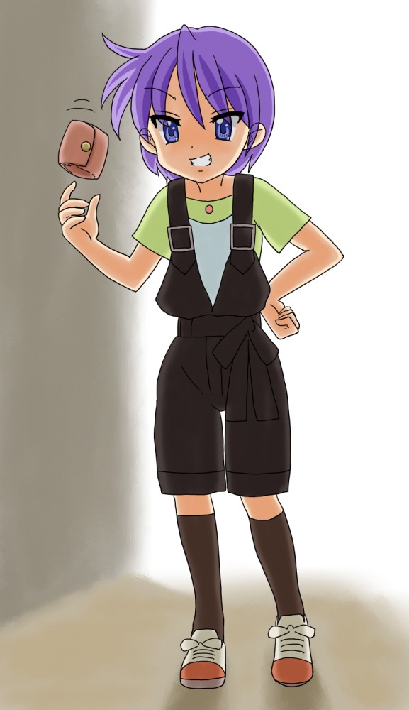 chunpai, hiiragi kagami, lucky star, 00s, alternate hairstyle, bag, blue eyes, casual, grin, hand on own hip, hip focus, purple hair, short hair, smile, solo, wallet