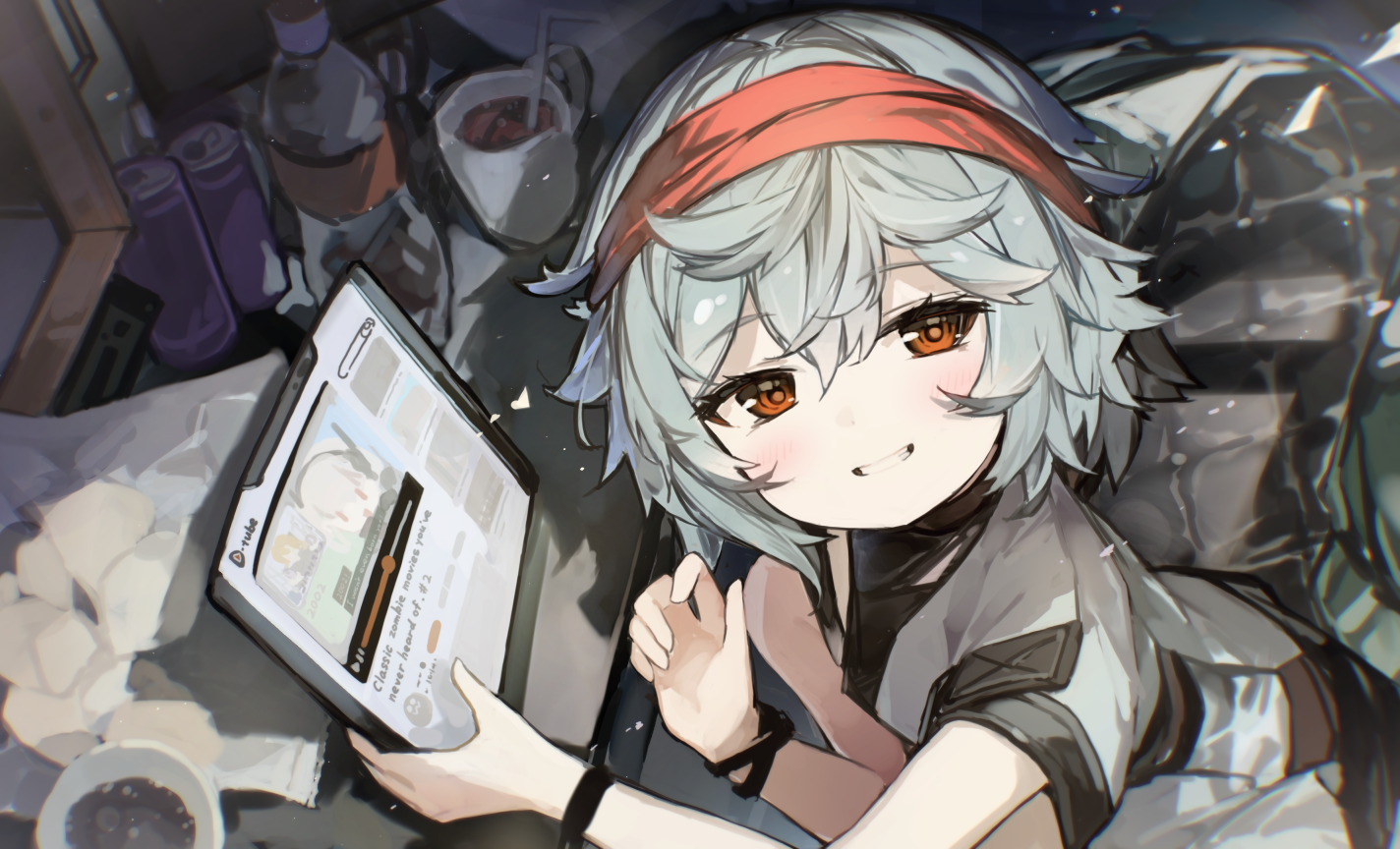 harufude, g11 (girls' frontline), mechty (girls' frontline 2), girls' frontline, girls' frontline 2: exilium, commentary, english commentary, 1girl, blush, bottle, bracelet, brown eyes, cup, drinking straw, elmo dormitory outfit, grey hair, grin, headband, holding, holding tablet pc, indoors, jewelry, looking at viewer, red headband, short hair, smile, solo, tablet pc, teeth