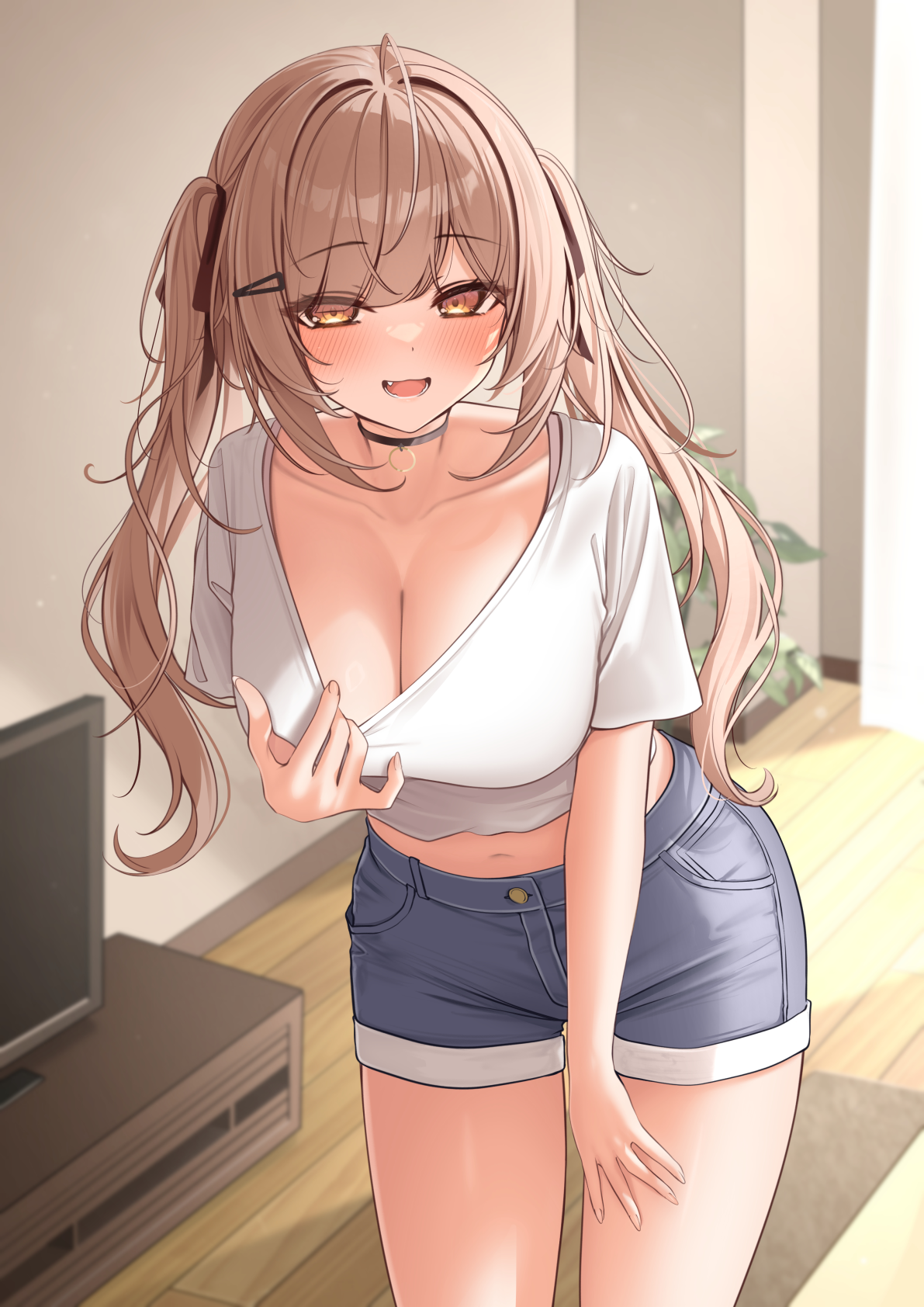 monaka curl, imouto-chan (monaka curl), original, commentary request, highres, 1girl, :d, black choker, black shorts, blush, breasts, brown eyes, brown hair, brown ribbon, choker, cleavage, collarbone, hair ornament, hair ribbon, hairclip, indoors, large breasts, long hair, looking at viewer, navel, open mouth, ribbon, short shorts, short sleeves, shorts, smile, television, thighs, twintails, wooden floor