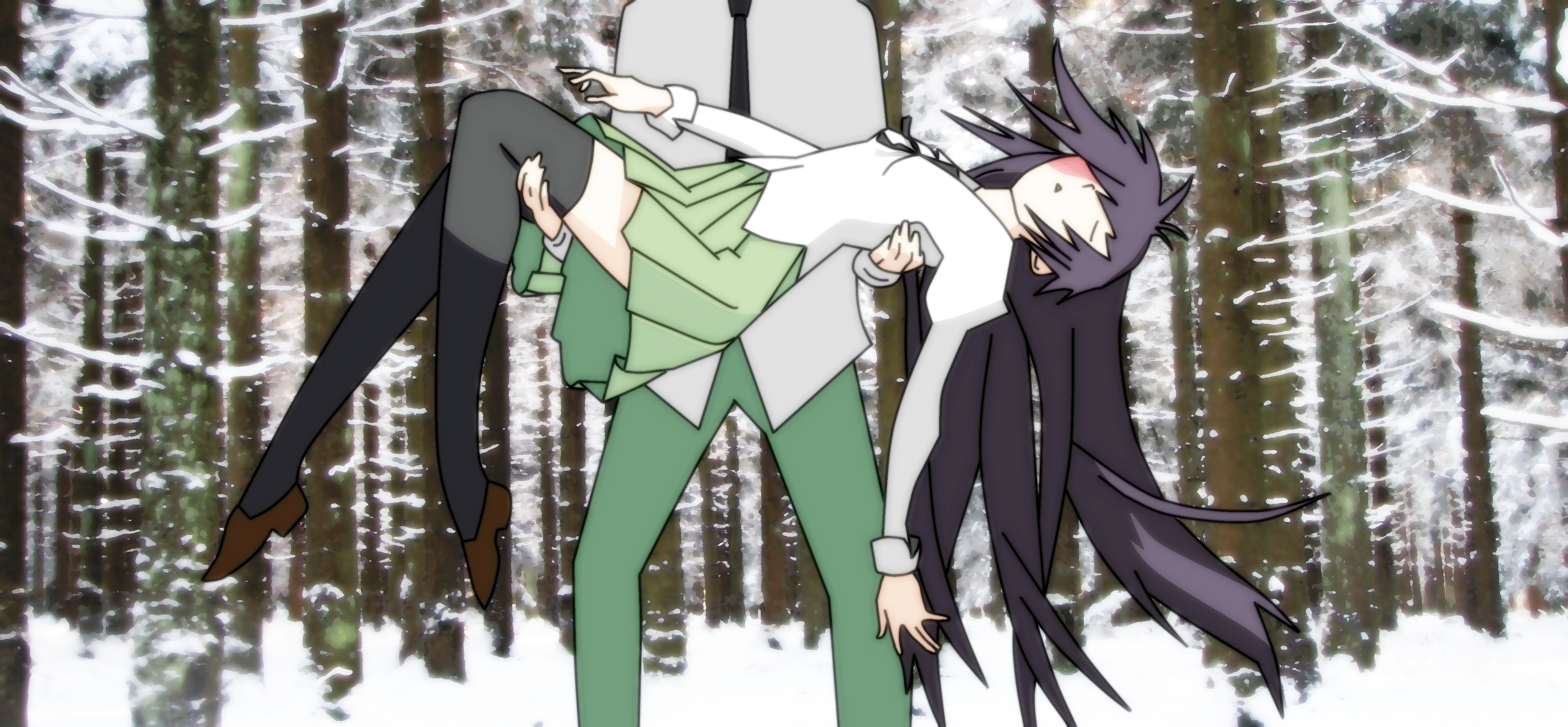 stainless-ring, ikezawa hanako, nakai hisao, senjougahara hitagi, bakemonogatari, katawa shoujo, monogatari (series), absurdres, highres, alternate legwear, carrying, parody, princess carry, thighhighs