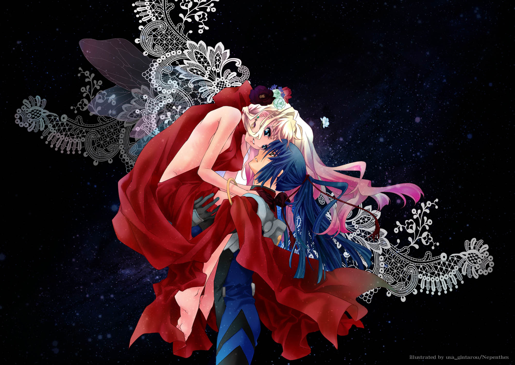 usa gintarou, saotome alto, sheryl nome, macross, macross frontier, highres, 00s, 1boy, 1girl, bare shoulders, barefoot, blonde hair, blue eyes, blue hair, breasts, brown eyes, carrying, couple, dress, flower, gloves, hetero, jewelry, long hair, pink hair, ponytail, smile, wings