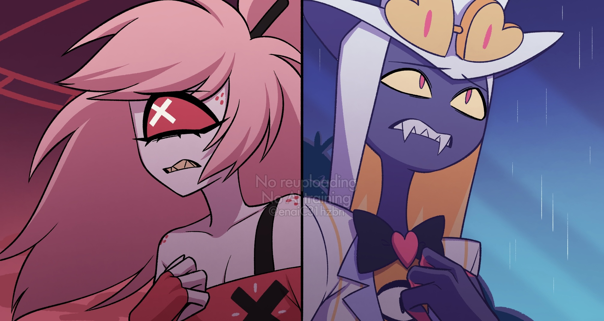 menma (enaic31), cherri bomb, sir pentious, hazbin hotel, hellaverse, commentary request, highres, 1boy, 1girl, back-to-back, bare shoulders, black bow, black bowtie, black skin, blonde hair, blue sky, body freckles, bow, bowtie, breasts, brooch, cleavage, clenched teeth, collarbone, colored sclera, colored skin, colored teeth, column lineup, cyclops, fangs, fewer digits, fingerless gloves, freckles, gloves, goggles, goggles on head, hair tie, hand on own chest, hand up, hat, heart, heart brooch, high ponytail, jacket, jewelry, long hair, looking up, multicolored hair, multicolored jacket, off-shoulder shirt, off shoulder, one-eyed, outdoors, pink hair, ponytail, rain, raised inner eyebrows, red gloves, red sclera, red shirt, red sky, sharp teeth, shirt, shoulder freckles, simple background, sir pentious (angel), sky, striped clothes, striped jacket, swept bangs, teeth, top hat, traditional bowtie, twitter username, two-tone hair, two-tone jacket, upper body, vertical-striped clothes, vertical-striped jacket, watermark, white eyes, white hair, white hat, white jacket, white skin, wind, yellow jacket, yellow sclera, yellow teeth