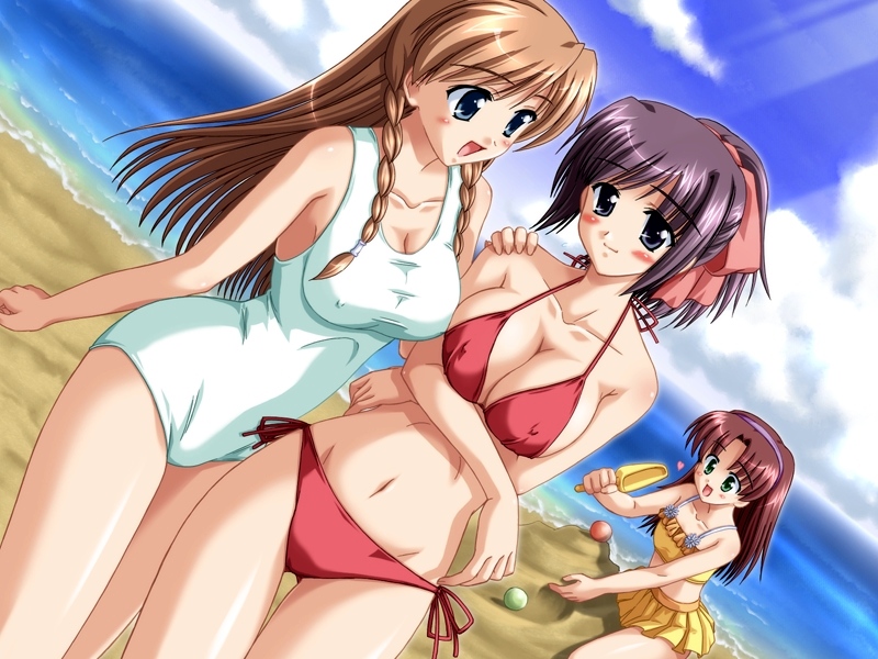 kishi nisen, katase natsumi, koto (natsuiro), kujou akane (natsuiro), natsuiro (yuzusoft), game cg, non-web source, 3girls, beach, bikini, black eyes, blue eyes, braid, breasts, brown hair, cleavage, covered erect nipples, day, dutch angle, green eyes, large breasts, long hair, multiple girls, one-piece swimsuit, outdoors, ponytail, purple hair, sand, short hair, shovel, swimsuit, trowel, twin braids, worktool