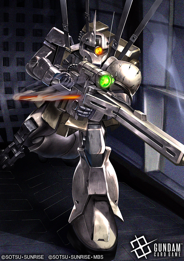 kenko (a143016), zaku i sniper type, gundam, gundam unicorn, commentary request, official art, armor, backpack, bag, beam rifle, copyright logo, copyright name, copyright notice, energy gun, gun, gundam card game, holding, holding gun, holding weapon, logo, mecha, mecha focus, no humans, on one knee, one-eyed, orange eyes, rifle, robot, science fiction, shoulder armor, solo, weapon