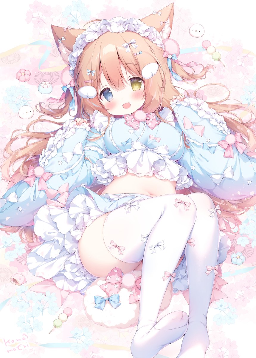 momozu komamochi, original, commentary, highres, symbol-only commentary, 1girl, :d, animal ear fluff, animal ears, blue eyes, blue shirt, blue skirt, blush, breasts, brown hair, cat ears, cat girl, crop top, cropped shirt, dango, food, frilled sleeves, frills, full body, hair between eyes, hair ornament, hairband, hands up, heterochromia, long hair, long sleeves, looking at viewer, lying, medium breasts, midriff, navel, on back, open mouth, sanshoku dango, shirt, skirt, smile, solo, thighhighs, two side up, wagashi, white hairband, white thighhighs, wide sleeves, wing hair ornament, yellow eyes