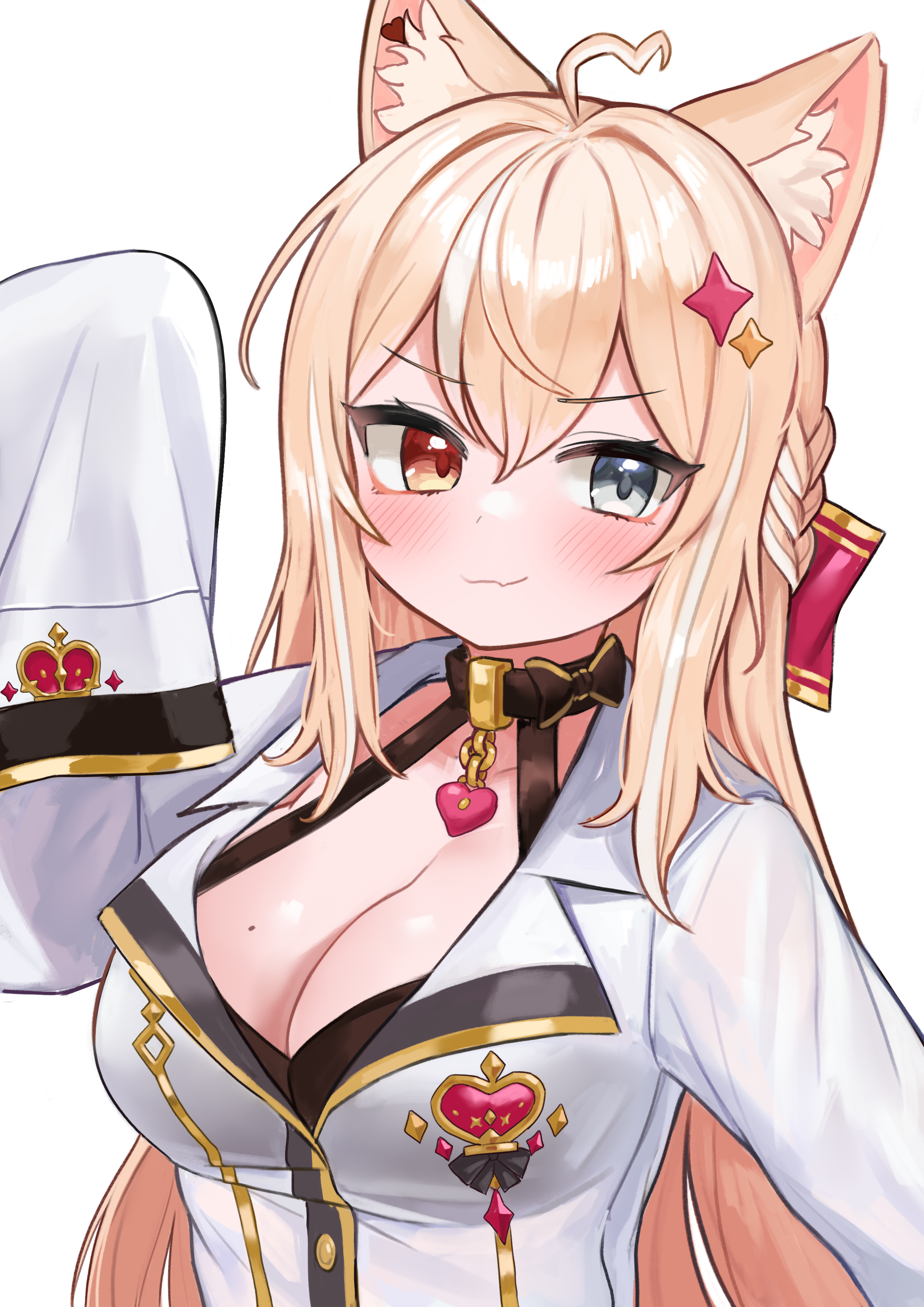 pocari (sq551), lee jooin, indie virtual youtuber, absurdres, commentary, highres, 1girl, ahoge, animal ear fluff, animal ears, blonde hair, breasts, cat ears, cleavage, grey eyes, heterochromia, large breasts, long hair, long sleeves, shirt, simple background, solo, upper body, virtual youtuber, white background, white shirt, yellow eyes