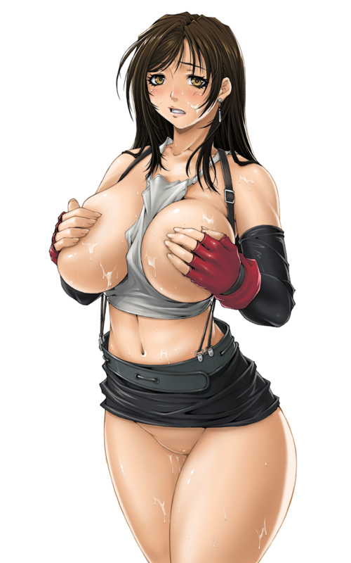 fumizuki misoka, tifa lockhart, final fantasy, final fantasy vii, 1990s (style), 1girl, belt, black hair, blush, breasts, camisole, clothes lift, covering breasts, covering privates, cum, cum on body, cum on breasts, cum on lower body, cum on upper body, earrings, elbow gloves, female focus, fingerless gloves, gloves, huge breasts, jewelry, large breasts, long hair, midriff, miniskirt, no bra, no panties, pencil skirt, pussy, pussy juice, retro artstyle, skirt, skirt lift, solo, suspender skirt, suspenders, uncensored, yellow eyes