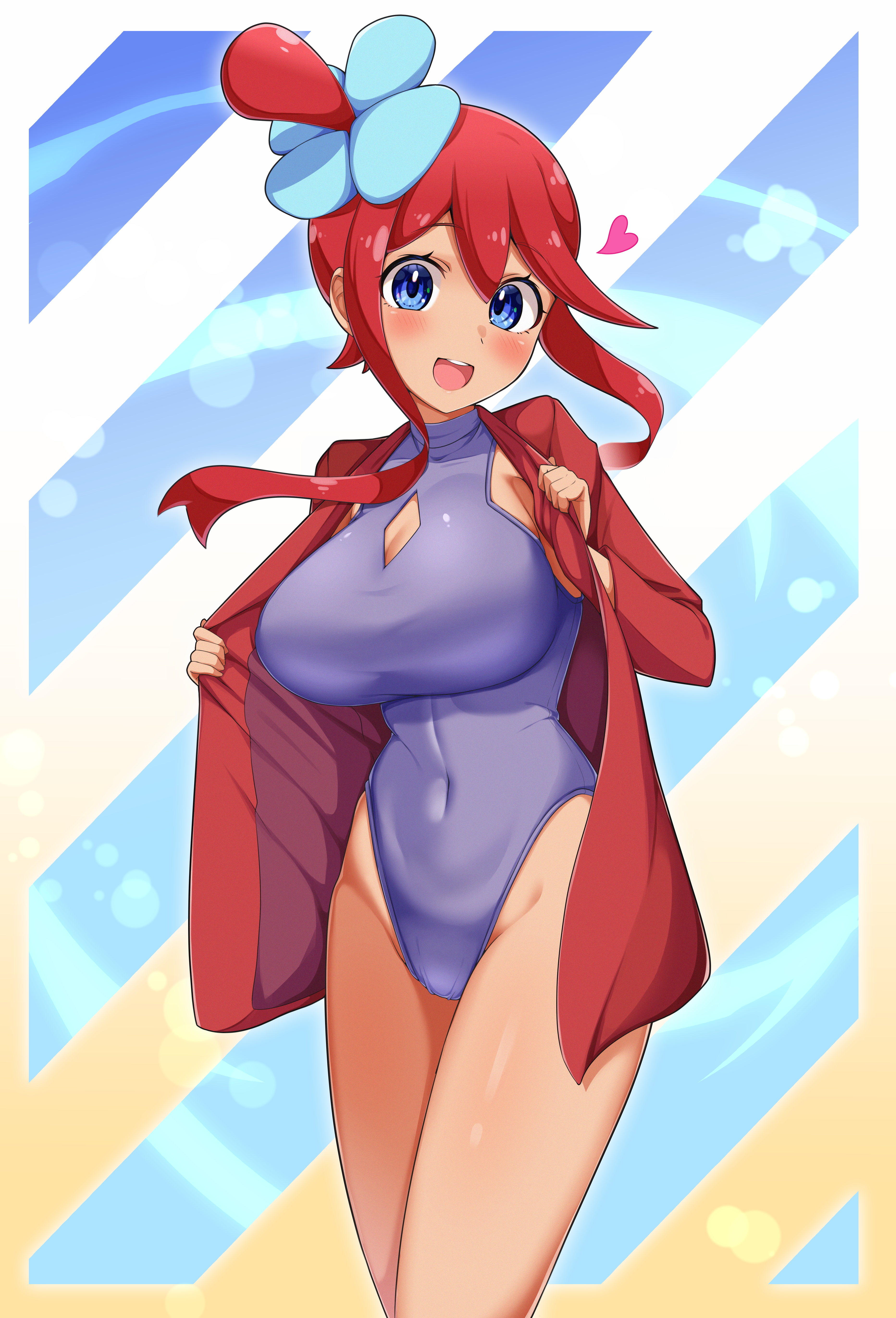 mujin (mujinzairaisen), skyla (pokemon), nintendo, pokemon, pokemon bw, absurdres, commentary request, commission, highres, pixiv commission, 1girl, bare legs, blue eyes, blush, border, breasts, cleavage cutout, clothing cutout, covered navel, cowboy shot, diagonal-striped background, gradient border, heart, jacket, large breasts, long sleeves, looking at viewer, one-piece swimsuit, open clothes, open jacket, open mouth, outside border, purple one-piece swimsuit, red hair, red jacket, sidelocks, smile, solo, striped background, swimsuit, teeth, upper teeth only