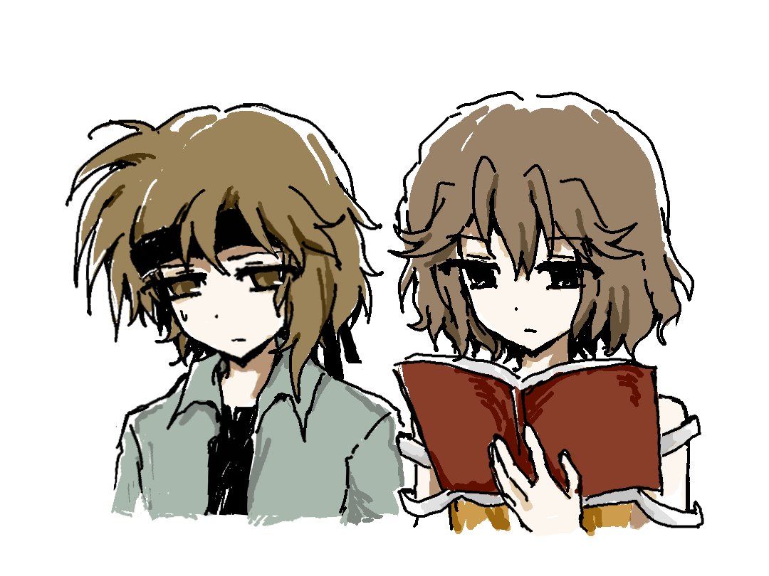 weihe wuya xiang zhuo tai, benny (len'en), kurohebi, kuzu suzumi, len'en, chinese commentary, commentary request, 2others, bare shoulders, black eyes, black headband, black shirt, book, brown eyes, brown hair, closed mouth, collared jacket, cropped torso, dot nose, empty eyes, expressionless, green jacket, headband, holding, holding book, jacket, light frown, looking ahead, multiple others, open book, open clothes, open jacket, orange jacket, parent and child, reading, shirt, short hair, short sleeves, simple background, single sidelock, sleeveless, sleeveless jacket, sweatdrop, white background