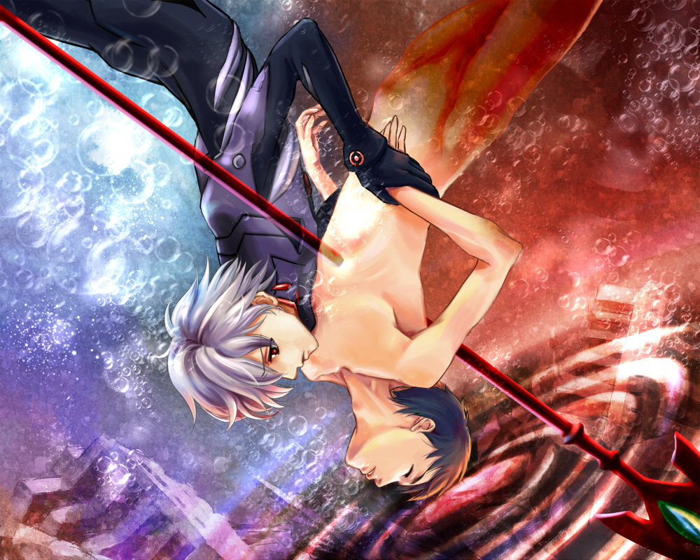 nekokusa, ikari shinji, nagisa kaworu, evangelion: 2.0 you can (not) advance, neon genesis evangelion, rebuild of evangelion, bad id, bad pixiv id, spoilers, 00s, 2boys, afloat, androgynous, brown hair, city, floating, holding hands, lance of longinus (evangelion), lcl, male focus, mecha pilot suit, multiple boys, nude, plugsuit (evangelion), polearm, red eyes, ruins, shadow, spear, water, weapon, yaoi
