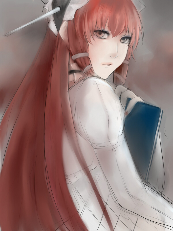 dot-dot, yoshino chidori, atlus, persona, persona 3, bad id, bad pixiv id, book, choker, dress, from behind, gothic lolita, lolita fashion, long hair, looking back, red hair, ribbon, solo