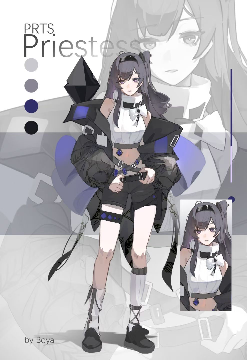 priestess (arknights), arknights, hashtag-only commentary, highres, 1girl, alternate costume, alternate hairstyle, artist name, asymmetrical legwear, bare shoulders, black hair, black hairband, black jacket, black shoes, black shorts, boya 666666, character name, color guide, crop top, cropped shirt, full body, hairband, high collar, jacket, long hair, long sleeves, looking at viewer, midriff, navel, off shoulder, open clothes, open jacket, purple eyes, shirt, shoes, shorts, side ponytail, sleeveless, sleeveless shirt, socks, solo, standing, white shirt, white socks