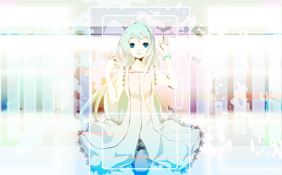 sakisato kiriko, original, bad id, bad pixiv id, blue eyes, blue hair, dress, solo, thighhighs