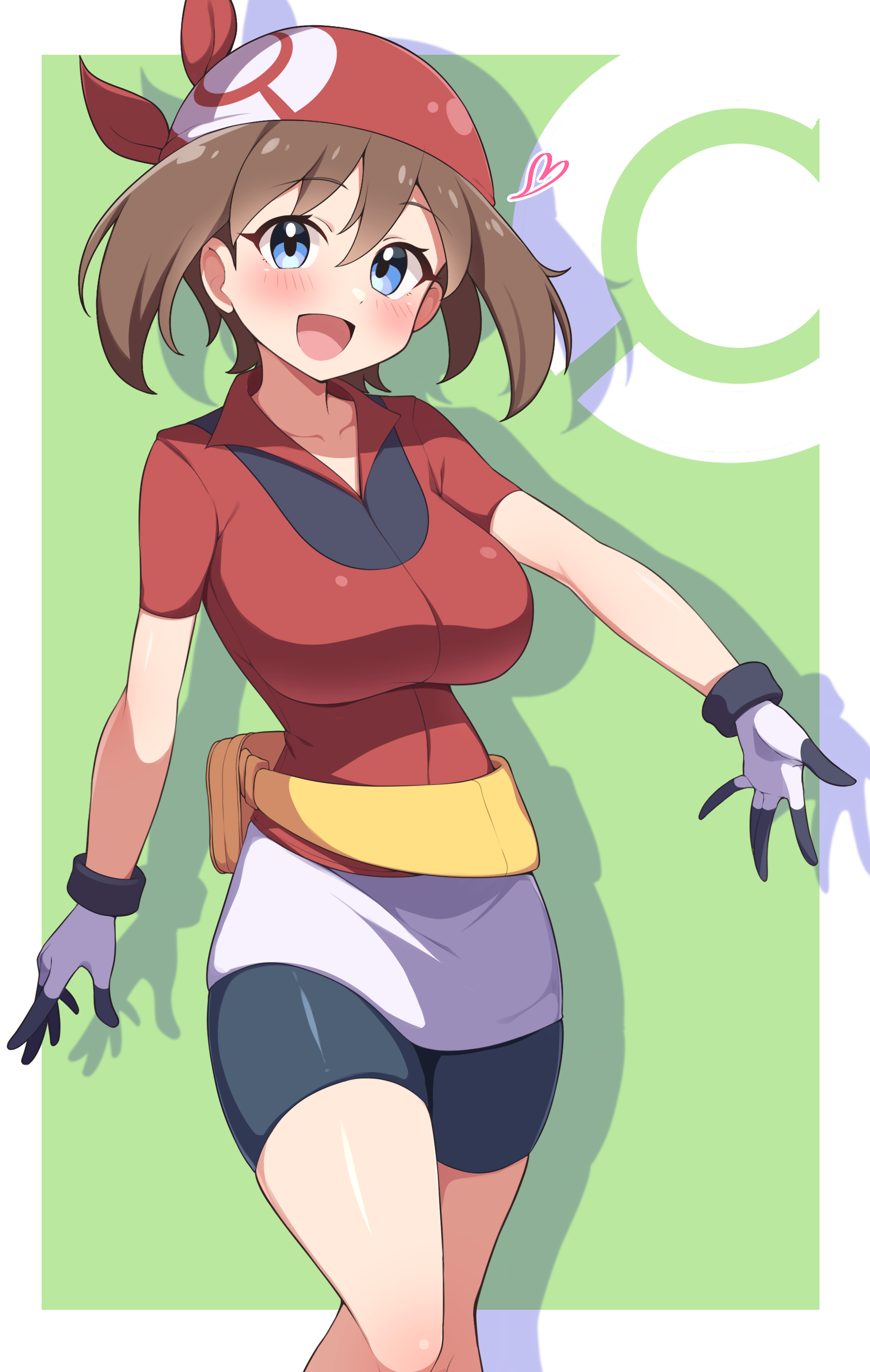 mujin (mujinzairaisen), may (pokemon), nintendo, pokemon, pokemon rse, absurdres, commentary request, highres, 1girl, alternate breast size (larger), bandana, bike shorts, blue eyes, blush, border, breasts, brown hair, cowboy shot, gloves, green background, heart, large breasts, looking at viewer, open mouth, outside border, shorts, smile, solo, white border