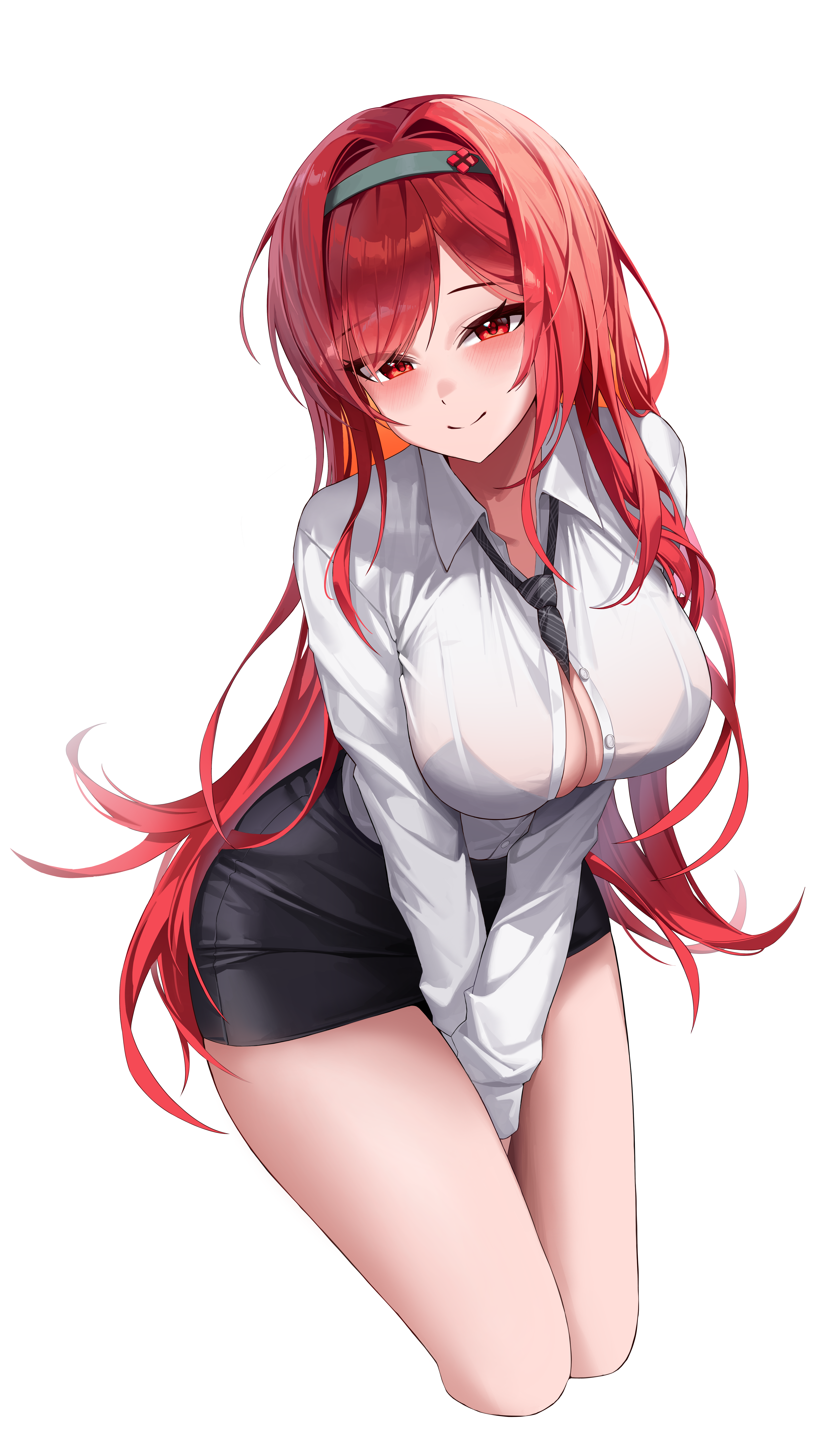 4q (lokcy516), rapi (nikke), rapi (red hood) (nikke), goddess of victory: nikke, absurdres, commentary request, highres, 1girl, alternate costume, between breasts, between legs, black necktie, black skirt, blush, breasts, closed mouth, cropped legs, green hairband, hairband, hand between legs, long hair, miniskirt, necktie, necktie between breasts, pencil skirt, red eyes, red hair, shirt, simple background, skirt, smile, solo, thighs, very long hair, white background, white shirt