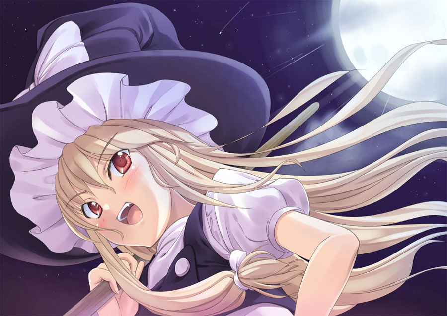 tenkuu nozora, kirisame marisa, touhou, 1girl, :d, blonde hair, blush, dutch angle, fang, fangs, female focus, from below, hair ornament, hair tie, hand on own hip, hat, hip focus, long hair, moon, night, open mouth, red eyes, smile, solo, upper body, witch, witch hat