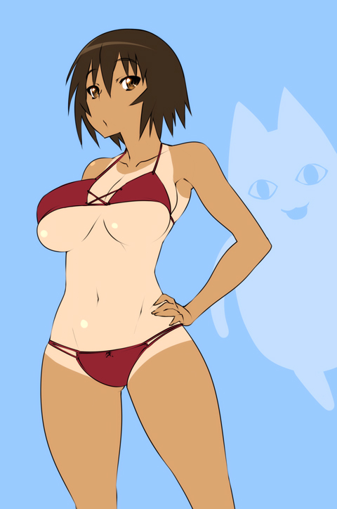 nekomamire, kagura, kagura (azumanga daioh), mihama chiyo's father, azumanga daiou, <o> <o>, 1girl, 1other, :/, bikini, blue background, breasts, brown eyes, brown hair, cowboy shot, creature, female focus, floating, hand on own hip, large breasts, looking at viewer, medium breasts, navel, one-piece tan, red bikini, shiny skin, short hair, simple background, solo, standing, swimsuit, tan, tanline, underboob