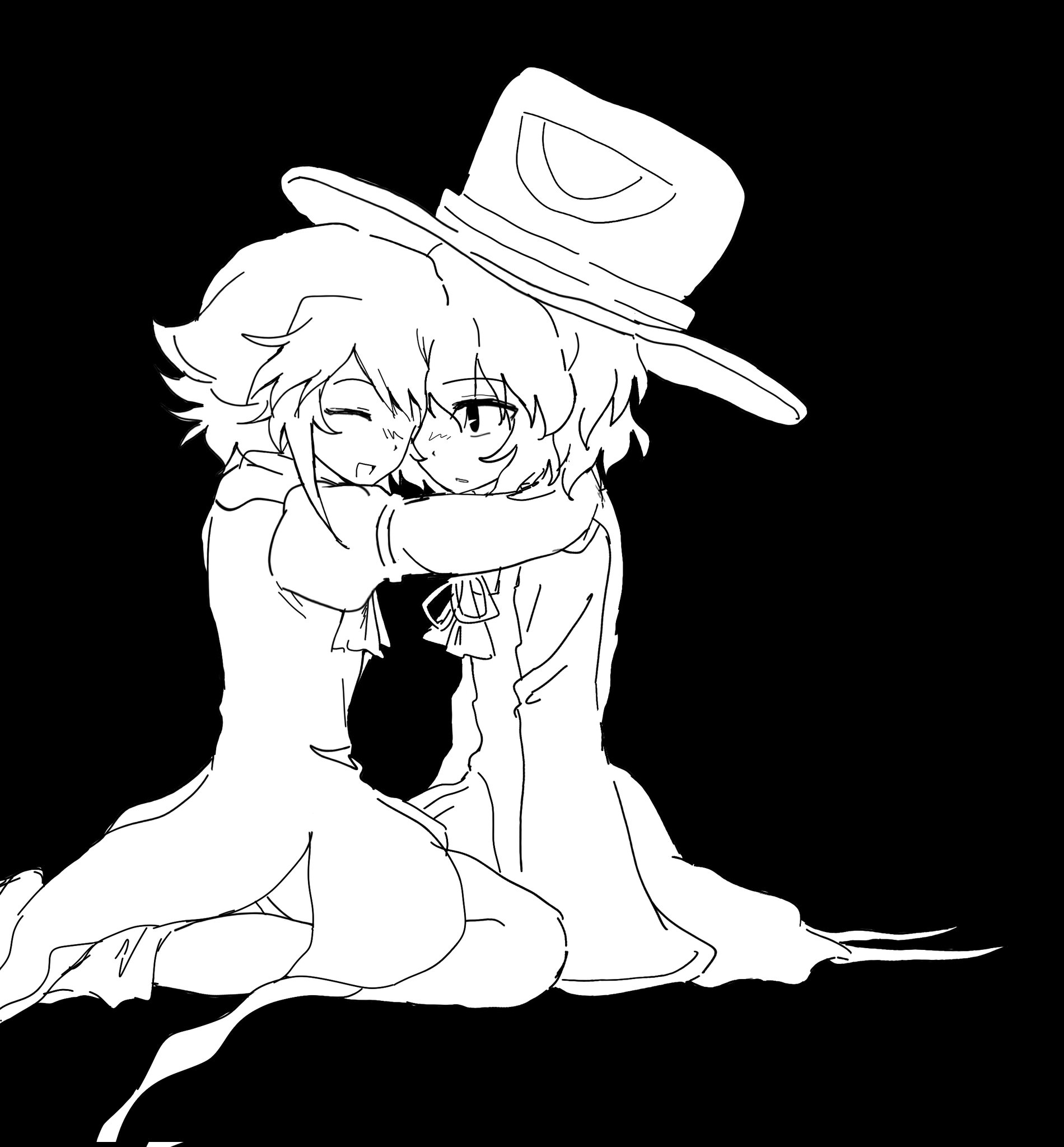 weihe wuya xiang zhuo tai, enraku tsubakura, houlen yabusame, len'en, chinese commentary, commentary request, highres, 2others, ^ ^, androgynous, ankle socks, arms around neck, ascot, bare legs, black background, blush, boots, closed eyes, coat, coattails, dot nose, embarrassed, eye of senri, from side, full body, hair between eyes, hakama, happy, hat, heads together, hug, japanese clothes, kneeling, layered sleeves, long sleeves, looking at another, loose socks, messy hair, multiple others, neck ribbon, open mouth, other focus, other with other, parted lips, puffy short sleeves, puffy sleeves, ribbon, short hair, short hair with long locks, short over long sleeves, short sleeves, shorts, sidelocks, simple background, sleeveless, sleeveless coat, sleeves past fingers, sleeves past wrists, smile, socks, top hat, wide sleeves