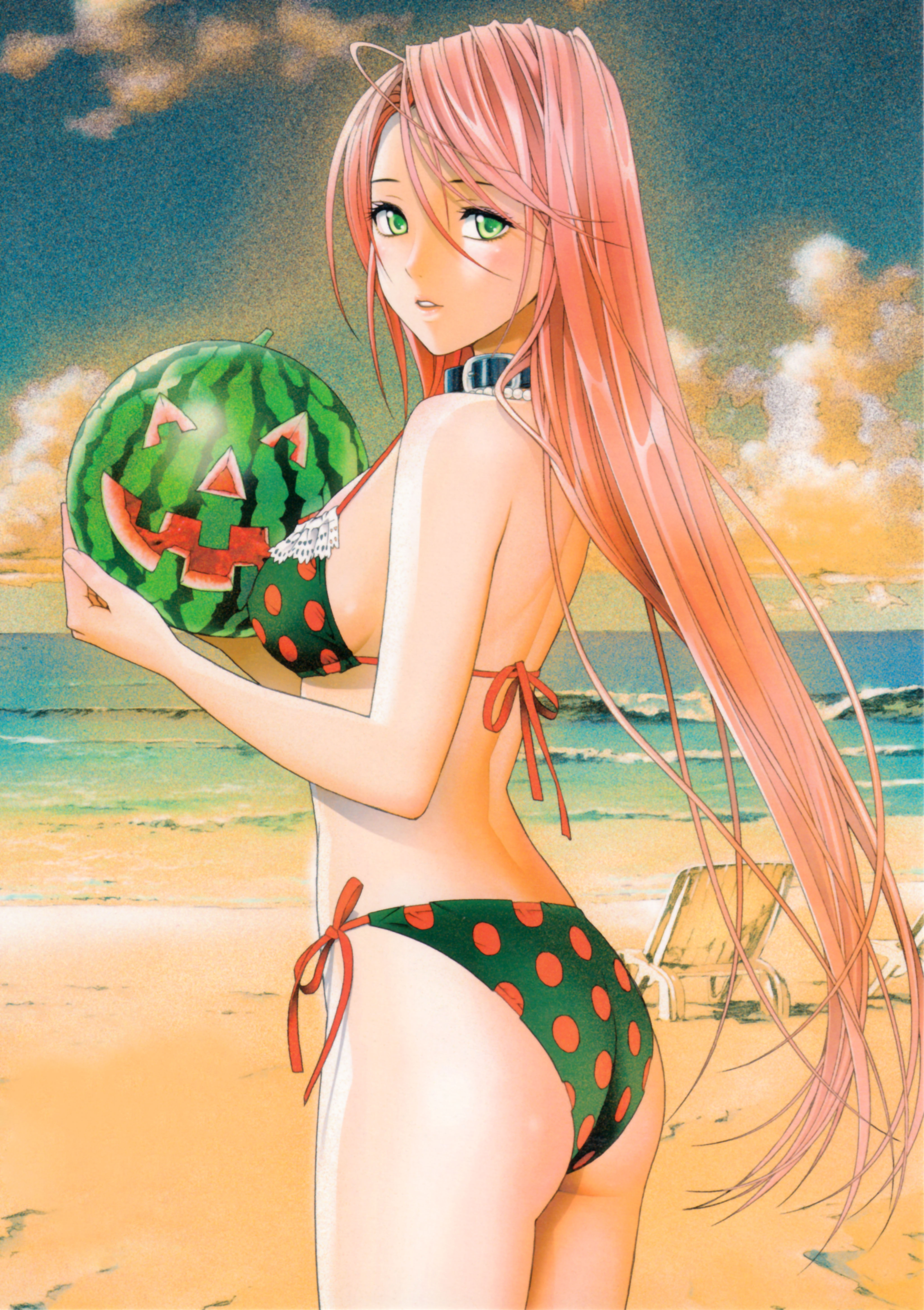 ikeda akihisa, akashiya moka, rosario+vampire, absurdres, highres, 00s, 1girl, ass, beach, bikini, collar, food, fruit, green eyes, holding, holding food, holding fruit, holding watermelon, jack-o'-lantern, long hair, ocean, pink hair, polka dot, polka dot bikini, polka dot swimsuit, side-tie bikini bottom, swimsuit, watermelon