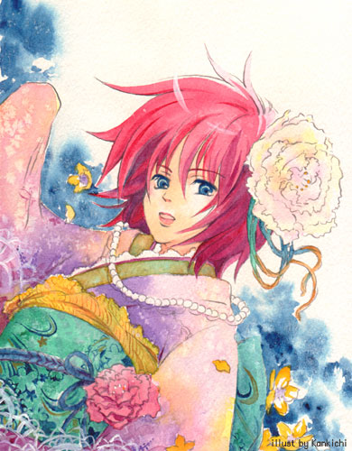 chikican, kankichi, isabel, isabel (suikoden), gensou suikoden, gensou suikoden v, lowres, blue eyes, flower, hair flower, hair ornament, japanese clothes, kimono, red hair, short hair, solo
