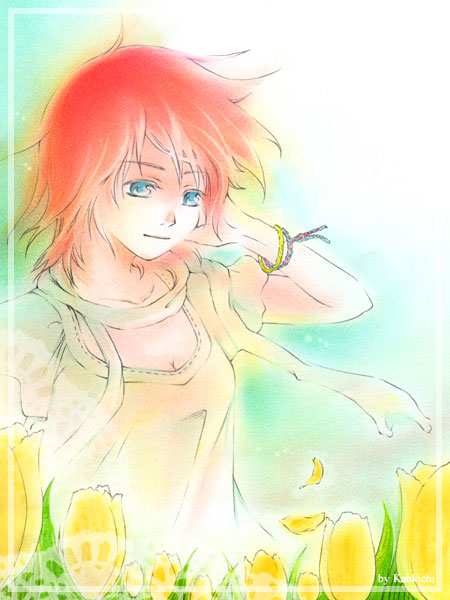 chikican, kankichi, isabel, isabel (suikoden), gensou suikoden, gensou suikoden v, blue eyes, casual, dress, red hair, short hair, solo