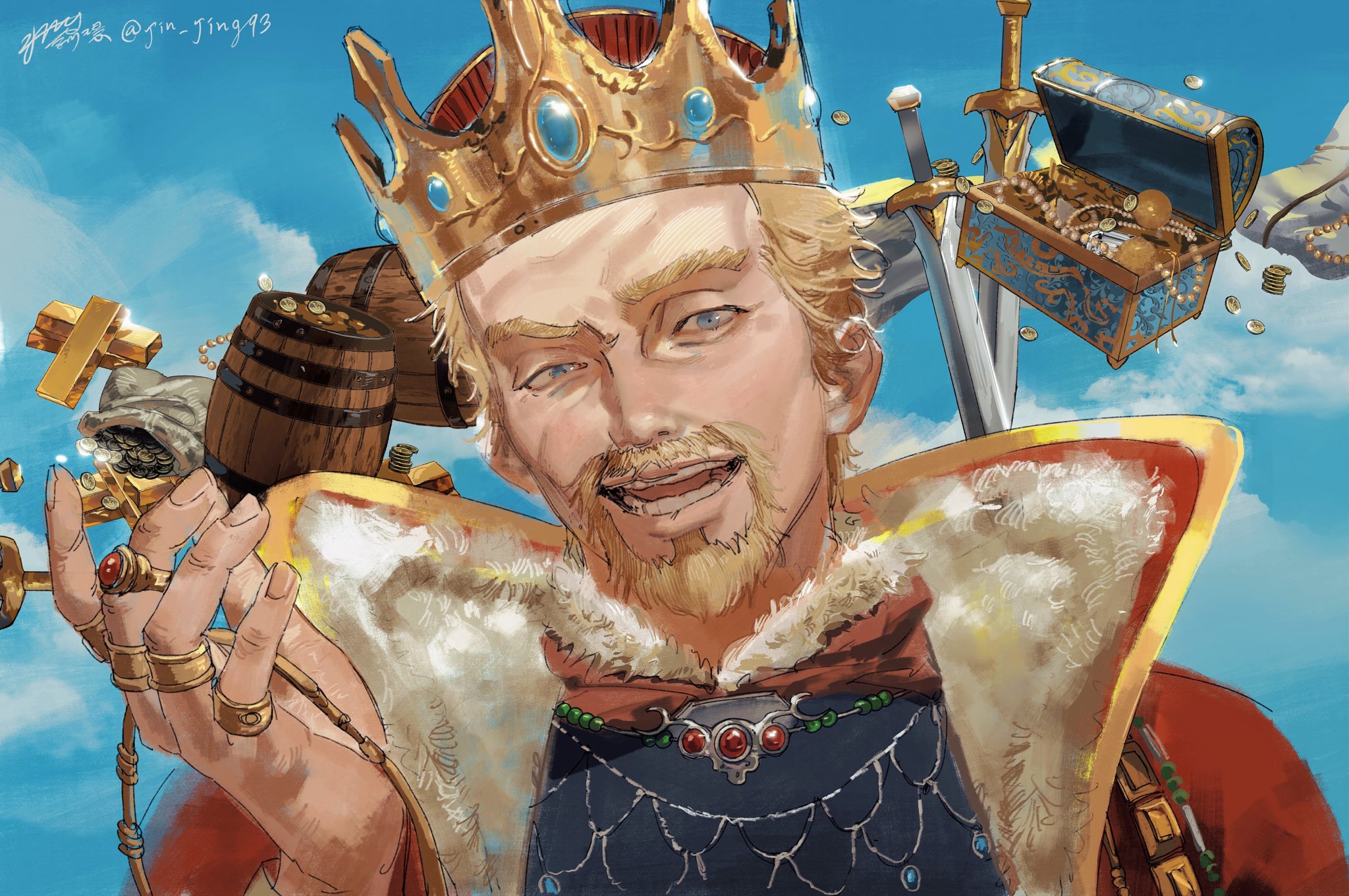 jing wen, askeladd, vinland saga, commentary, highres, 1boy, barrel, beard, blonde hair, blue eyes, blue sky, cape, cloud, connected beard, crown, facial hair, jewelry, looking at viewer, male focus, mature male, necklace, open mouth, outdoors, ring, short hair, sky, smile, solo, sword, treasure chest, uneven eyes, upper body, weapon