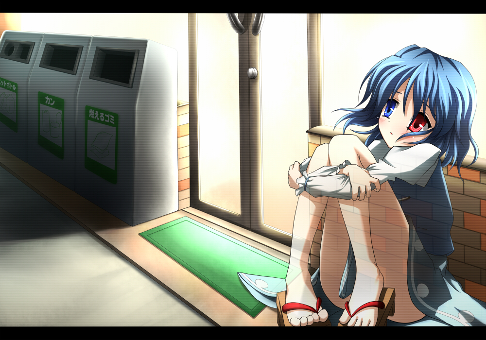 mille, tatara kogasa, touhou, 1girl, blue eyes, blue hair, fading, feet, female focus, geta, heterochromia, hugging own legs, letterboxed, matching hair/eyes, red eyes, sandals, short hair, solo, tears, trash can