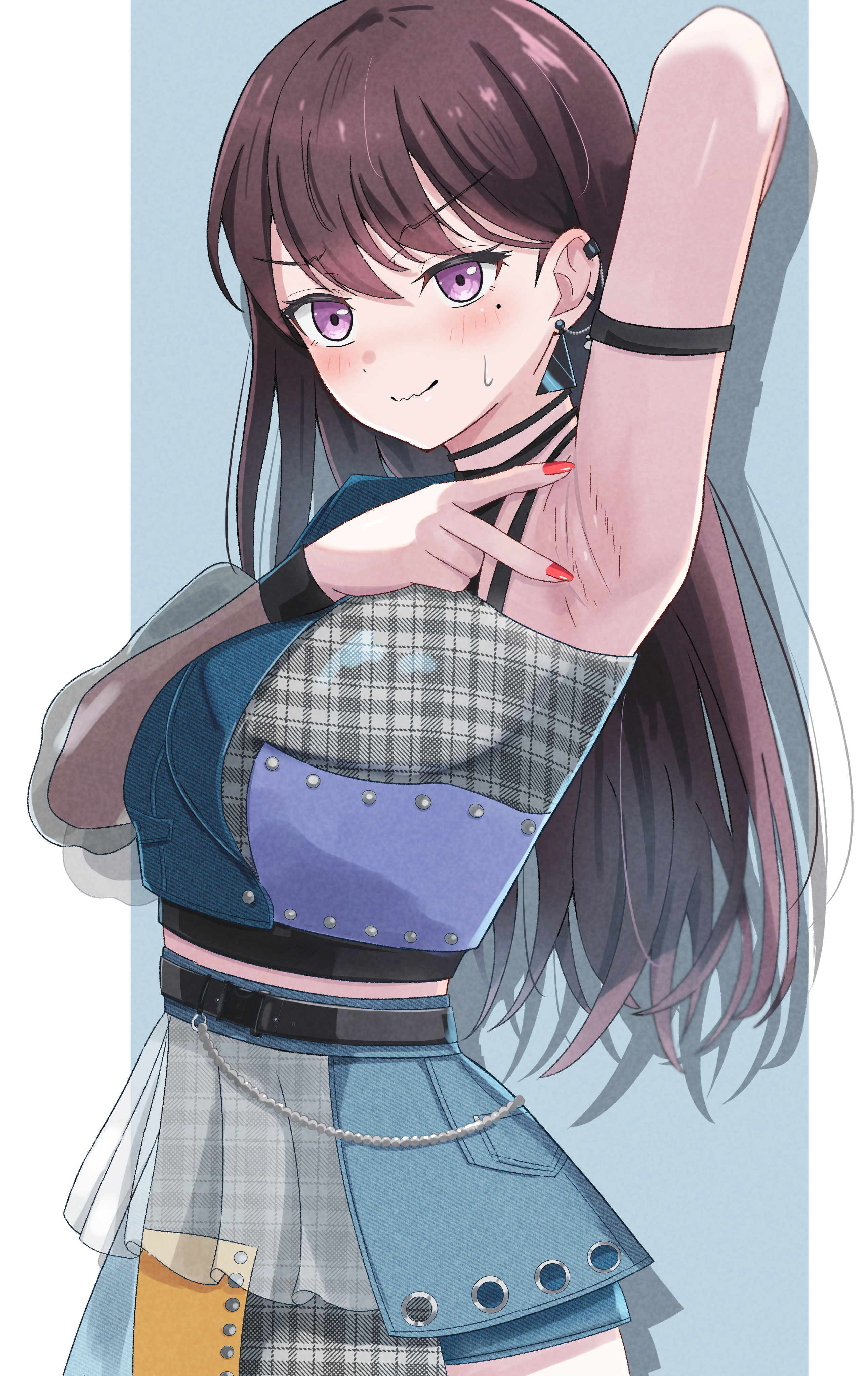 azakura (beniyomogi), shiina taki, bang dream!, bang dream! it's mygo!!!!!, absurdres, commentary request, highres, 1girl, armlet, armpits, blush, brown hair, closed mouth, ear piercing, earrings, jewelry, linked piercing, long hair, long sleeves, looking at viewer, mole, mole under eye, nail polish, piercing, presenting armpit, purple eyes, red nails, see-through clothes, see-through sleeves, solo, spread armpit, wavy mouth