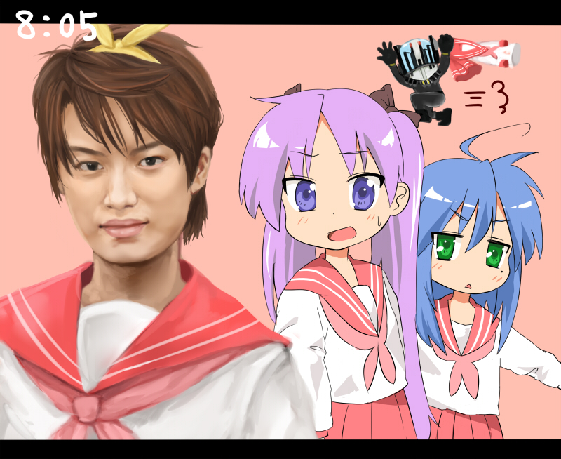 mamepon, hiiragi kagami, hiiragi tsukasa, inoue masahiro, izumi konata, kadoya tsukasa, kamen rider diend, kamen rider, kamen rider dcd, lucky star, bad id, bad pixiv id, 1boy, 2girls, ahoge, clock, clockshow, cosplay, crossdressing, crossover, hiiragi tsukasa (cosplay), mole, mole under eye, multiple girls, name connection, school uniform, serafuku