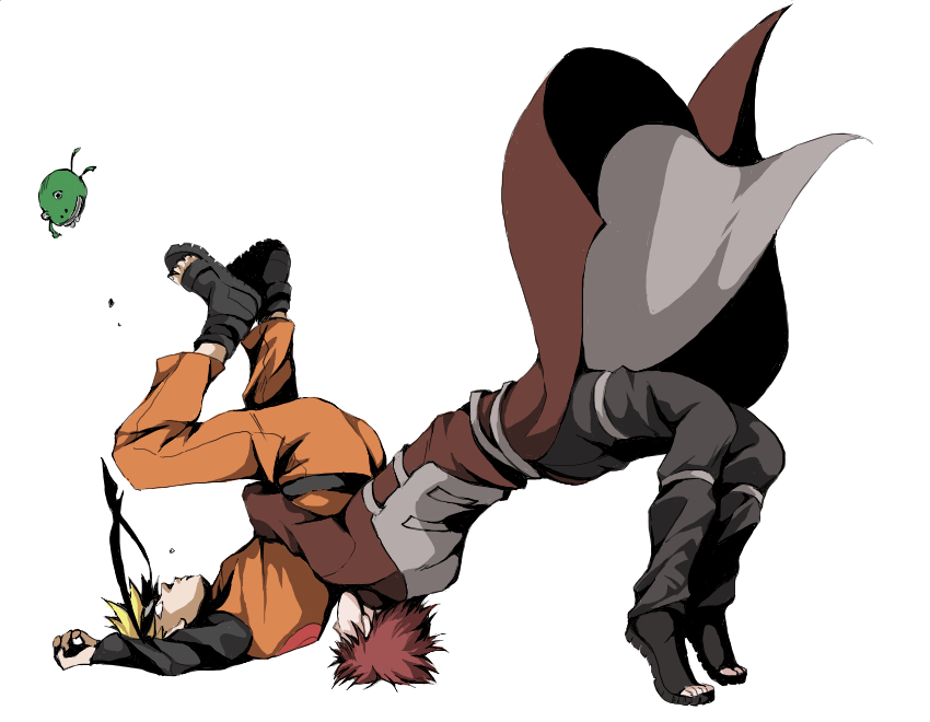akagi soushi, gaara (naruto), uzumaki naruto, naruto (classic), naruto (series), 2boys, ankle boots, blonde hair, boots, german suplex, headband, long sleeves, male focus, multiple boys, pants, simple background, suplex, thigh strap, tiptoes, white background, wrestling