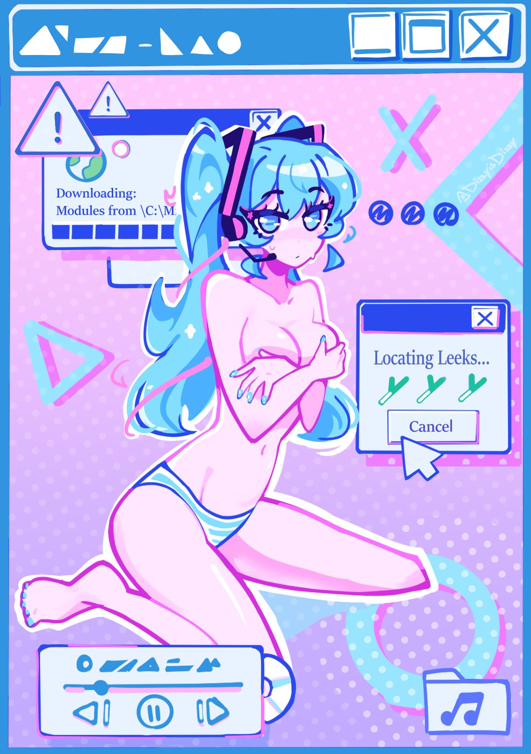 dizzyisdizzy, hatsune miku, vocaloid, commentary, english commentary, highres, !, 1girl, aqua eyes, aqua hair, aqua nails, covering breasts, covering privates, embarrassed, full body, headset, long hair, looking at viewer, nail polish, navel, panties, sitting, solo, striped clothes, striped panties, toenail polish, toenails, topless female, twintails, underwear, underwear only, user interface, wariza, window (computing)